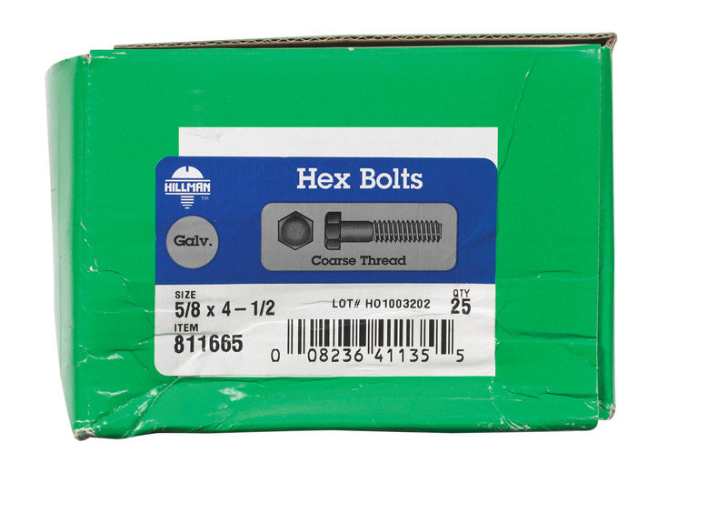 HILLMAN 5/8 in. D X 4-1/2 in. L Hot Dipped Galvanized Steel Hex Bolt 25 pk