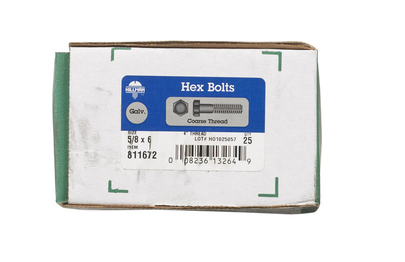 HILLMAN 5/8 in. D X 6 in. L Hot Dipped Galvanized Steel Hex Bolt 25 pk