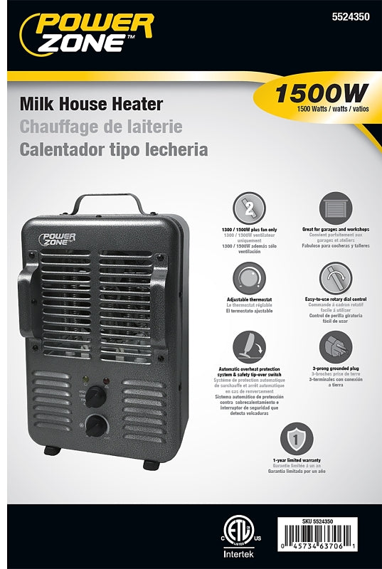 PowerZone BNS-15U3 Deluxe Portable Utility Heater, 12.5 A, 120 V, 1300/1500 W, 2-Heating Stage, Gray
