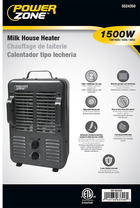 PowerZone BNS-15U3 Deluxe Portable Utility Heater, 12.5 A, 120 V, 1300/1500 W, 2-Heating Stage, Gray