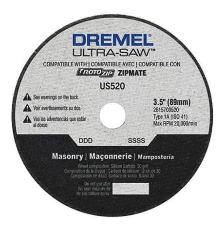 Dremel US520-01 Masonry Cutting Wheel, 3-1/2 in Dia, 0.094 in Thick, 7/16 in Arbor, 30 Grit, Silicone Carbide Abrasive, Pack of 4