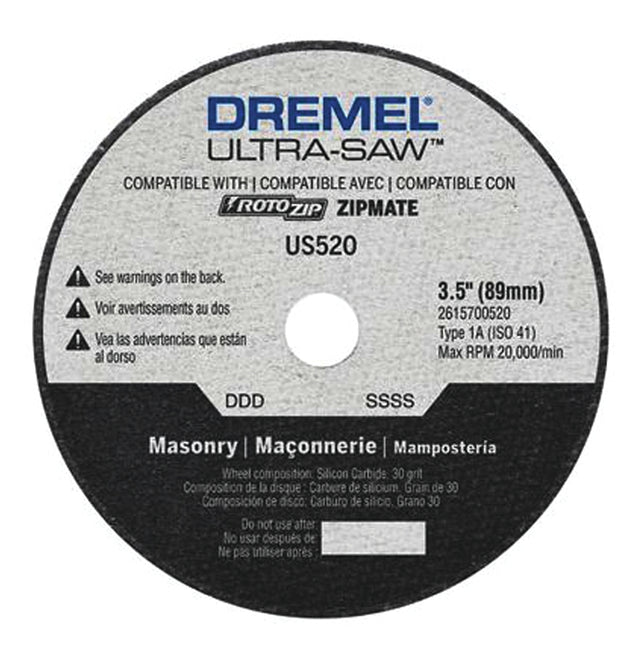 Dremel US520-01 Masonry Cutting Wheel, 3-1/2 in Dia, 0.094 in Thick, 7/16 in Arbor, 30 Grit, Silicone Carbide Abrasive, Pack of 4