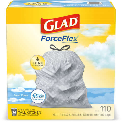 Glad Force Flex 13 gal Fresh Scent Tall Kitchen Bags Drawstring 110 pk 0.72 mil, Pack of 3