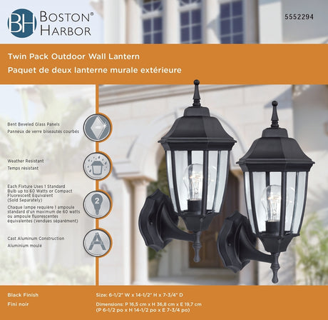Boston Harbor HL-018B-BK Outdoor Wall Lantern, 120 V, 60 W, Type A Lamp, Aluminum Fixture, Black, Pack of 2