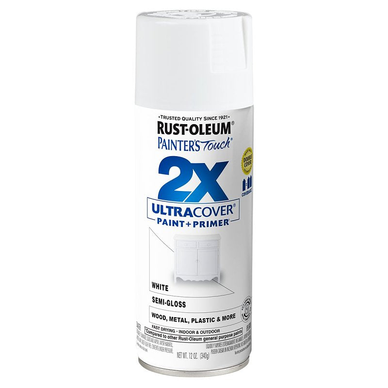 Rust-Oleum Painter's Touch 2X Ultra Cover 334098 Spray Paint, Semi-Gloss, White, 12 oz, Aerosol Can