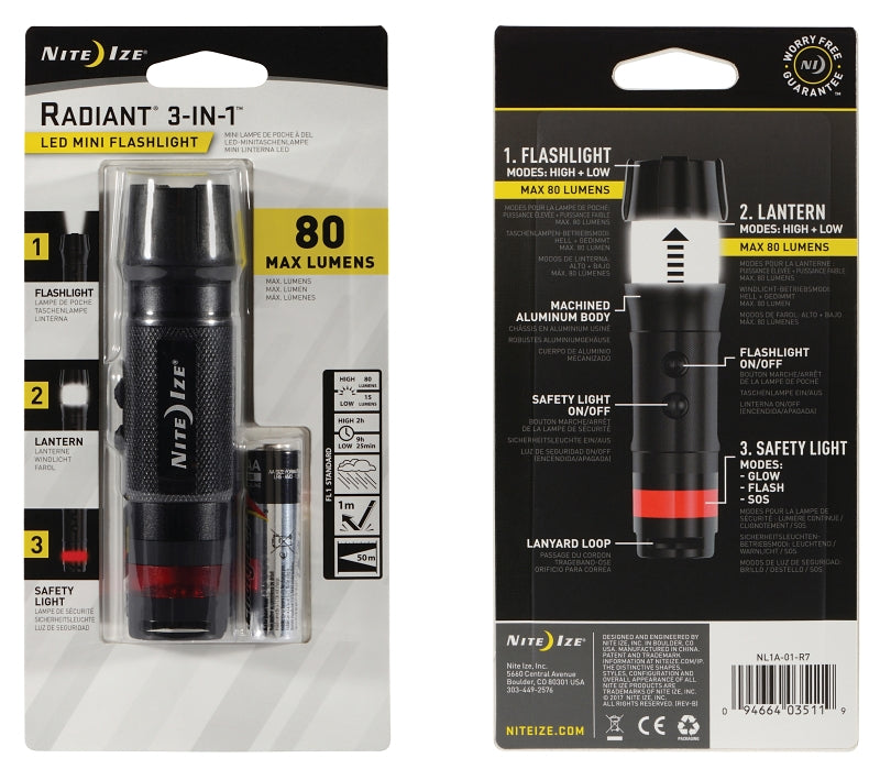Nite Ize Radiant Series NL1B-01-R7 Flashlight, Mini, AA Battery, Alkaline Battery, LED Lamp, 80 Lumens, 2 hr Run Time