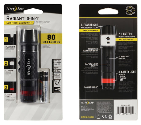 Nite Ize Radiant Series NL1B-01-R7 Flashlight, Mini, AA Battery, Alkaline Battery, LED Lamp, 80 Lumens, 2 hr Run Time
