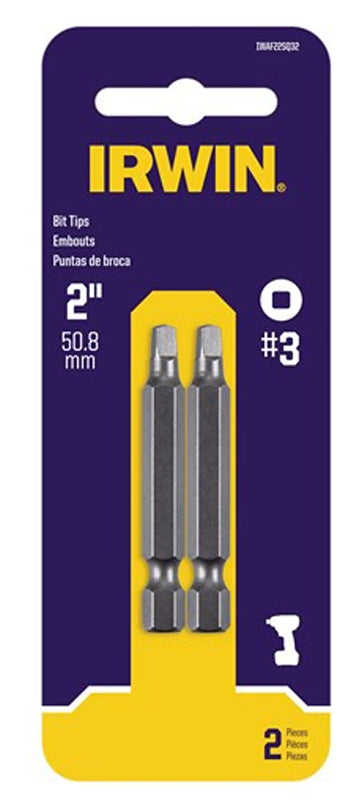 Irwin IWAF22SQ32 Power Bit, #3 Drive, Square Recess Drive, 1/4 in Shank, Hex Shank, 2 in L, High-Grade S2 Tool Steel, 2/PK