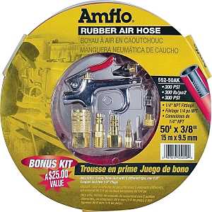 Amflo 552-50AK-5 Air Hose Kit, 3/8 in OD, 50 ft L, MNPT, 300 psi Pressure, Rubber, Red