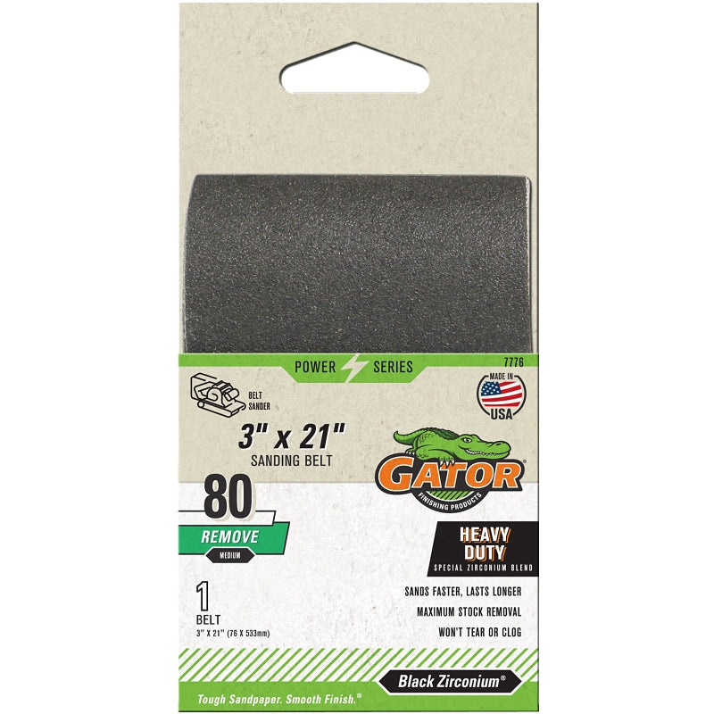 Gator 7776 Sanding Belt, 3 in W, 21 in L, 80 Grit, Medium, Zirconium Oxide Abrasive