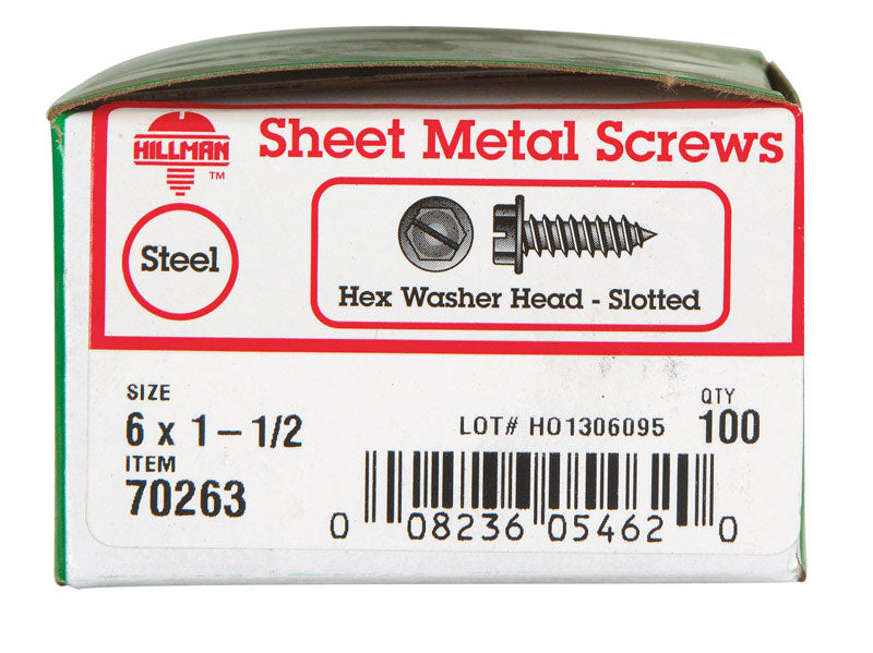HILLMAN No. 6 X 1-1/2 in. L Slotted Hex Washer Head Sheet Metal Screws 100 pk