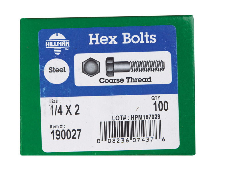 HILLMAN 1/4 in. D X 2 in. L Zinc Plated Steel Hex Bolt 100 pk