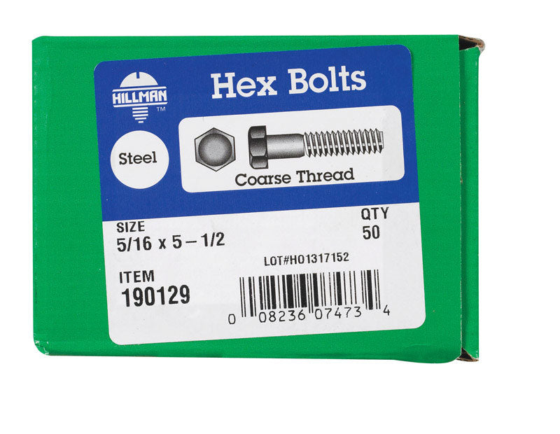 HILLMAN 5/16 in. D X 5-1/2 in. L Zinc Plated Steel Hex Bolt 50 pk