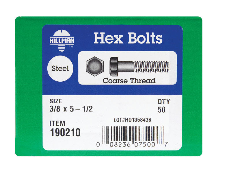 HILLMAN 3/8 in. D X 5-1/2 in. L Zinc Plated Steel Hex Bolt 50 pk