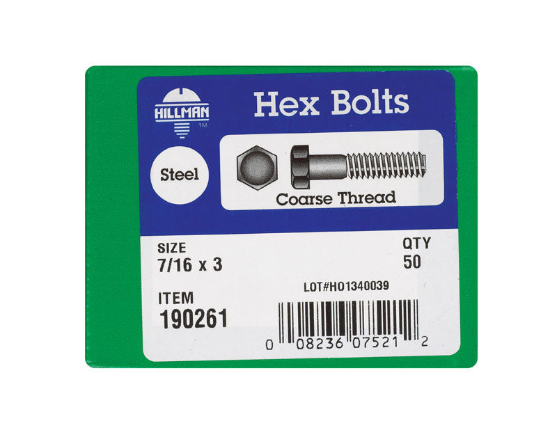 HILLMAN 7/16 in. D X 3 in. L Zinc Plated Steel Hex Bolt 50 pk