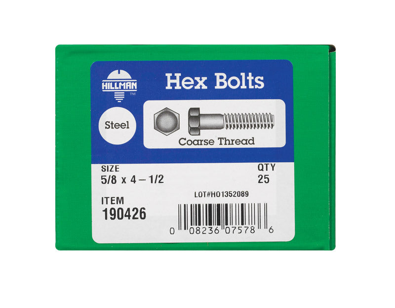 HILLMAN 5/8 in. D X 4-1/2 in. L Zinc Plated Steel Hex Bolt 25 pk