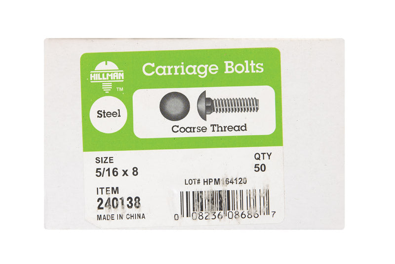 HILLMAN 5/16 in. X 8 in. L Zinc-Plated Steel Carriage Bolt 50 pk