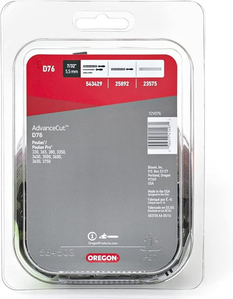Oregon D76 Chainsaw Chain, 22 in L Bar, 0.05 Gauge, 3/8 in TPI/Pitch, 76-Link