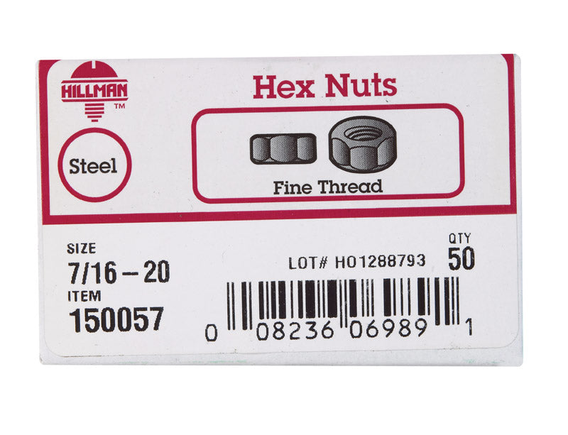 Hillman 7/16 in. Zinc-Plated Steel SAE Hex Nut 50 pk