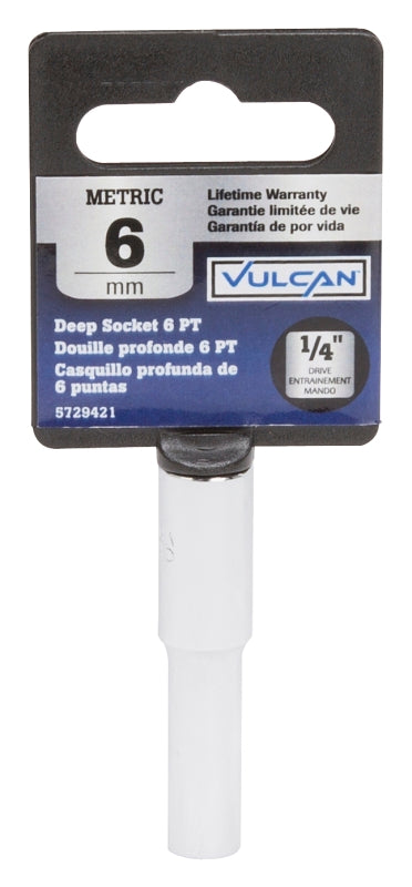 Vulcan MT6487804 Drive Socket, 6 mm Socket, 1/4 in Drive, 6-Point, Chrome Vanadium Steel, Chrome