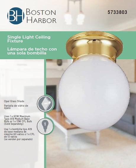Boston Harbor F3BB01-33753L Single Light Ceiling Fixture, 120 V, 60 W, 1-Lamp, A19 or CFL Lamp, Polished Brass Fixture