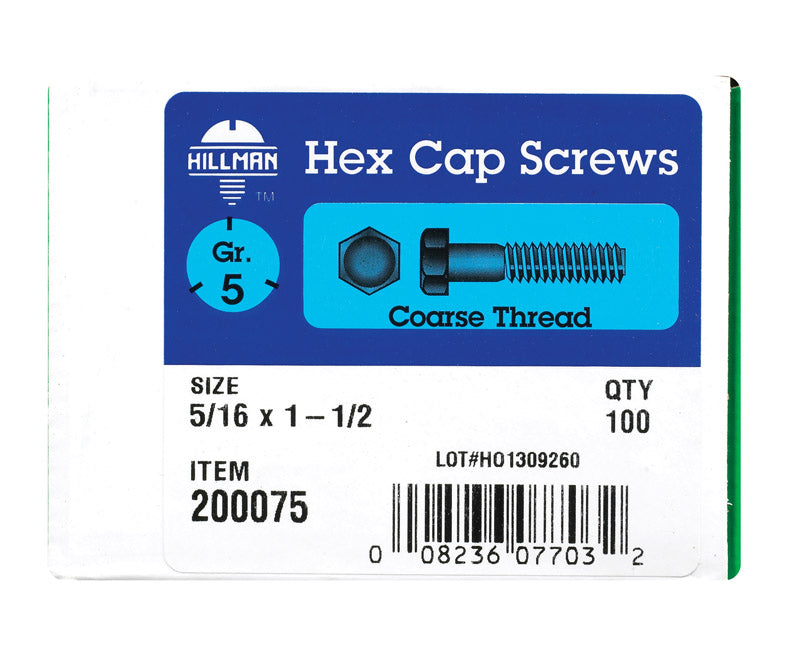 HILLMAN 5/16 in. D X 1-1/2 in. L Heat Treated Zinc Steel Hex Head Cap Screw 100 pk