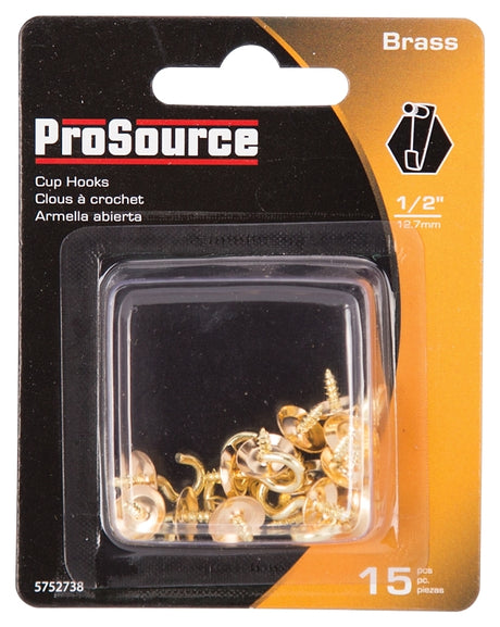 ProSource LR-388-PS Cup Hook, 3/16 in Opening, 2.5 mm Thread, 1/2 in L, Brass
