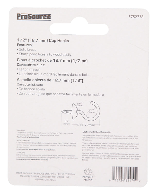 ProSource LR-388-PS Cup Hook, 3/16 in Opening, 2.5 mm Thread, 1/2 in L, Brass
