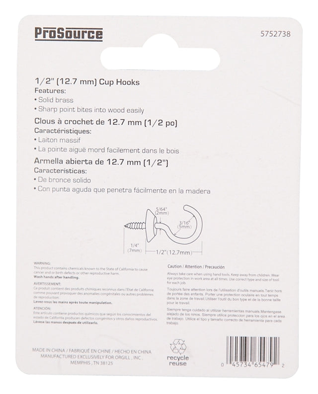 ProSource LR-388-PS Cup Hook, 3/16 in Opening, 2.5 mm Thread, 1/2 in L, Brass