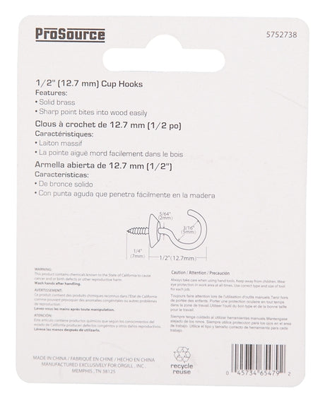 ProSource LR-388-PS Cup Hook, 3/16 in Opening, 2.5 mm Thread, 1/2 in L, Brass