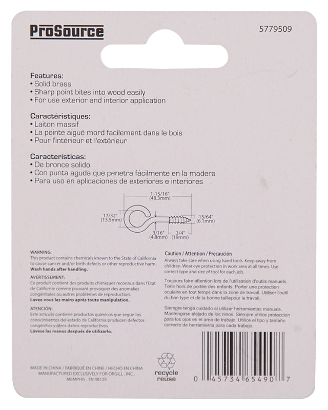 ProSource LR-240-PS Screw Eye, 4.8 mm Dia Wire, 6 mm Thread, 3/4 in L Thread, 1-15/16 in OAL, Brass, Brass Plated