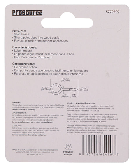 ProSource LR-240-PS Screw Eye, 4.8 mm Dia Wire, 6 mm Thread, 3/4 in L Thread, 1-15/16 in OAL, Brass, Brass Plated