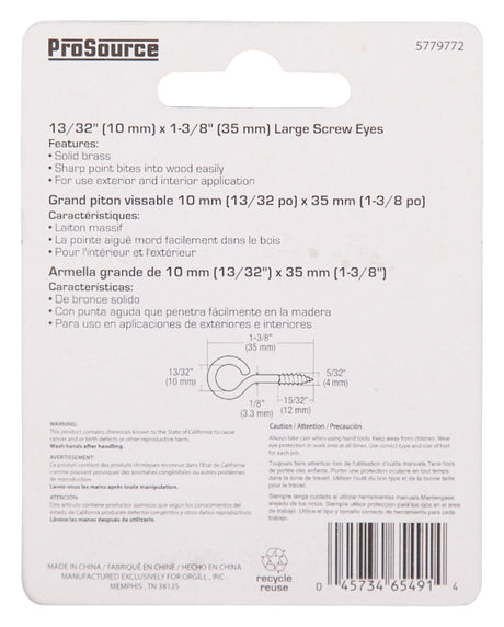 ProSource LR-242-PS Screw Eye, 4 mm Dia Wire, 4 mm Thread, 15/32 in L Thread, 1-3/8 in OAL, Brass, Brass Plated
