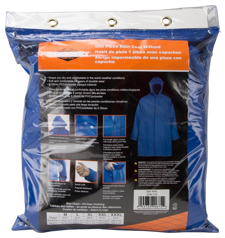 Diamondback 8156-XXXL Rain Parka, 3XL, PVC, Blue, Hooded Collar, Zipper with Snap Down Storm Flap Closure