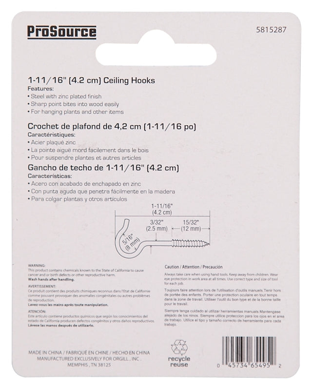 ProSource LR-316-PS Ceiling Hook, 10 lb Working Load, Steel, Silver, Zinc