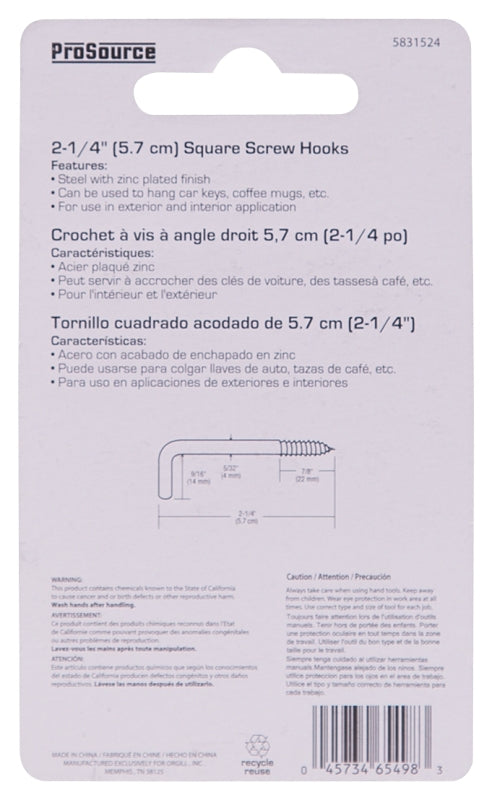 ProSource LR-397-PS Screw Hook, 9/16 in Opening, 4.5 mm Thread, 2-1/4 in L, Steel, Zinc