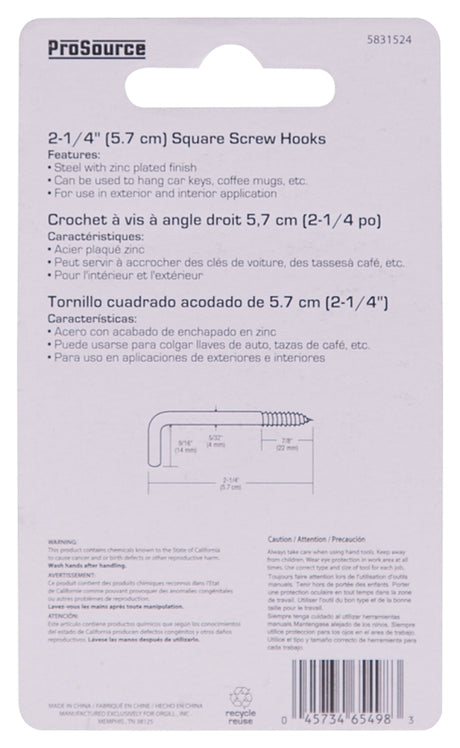 ProSource LR-397-PS Screw Hook, 9/16 in Opening, 4.5 mm Thread, 2-1/4 in L, Steel, Zinc