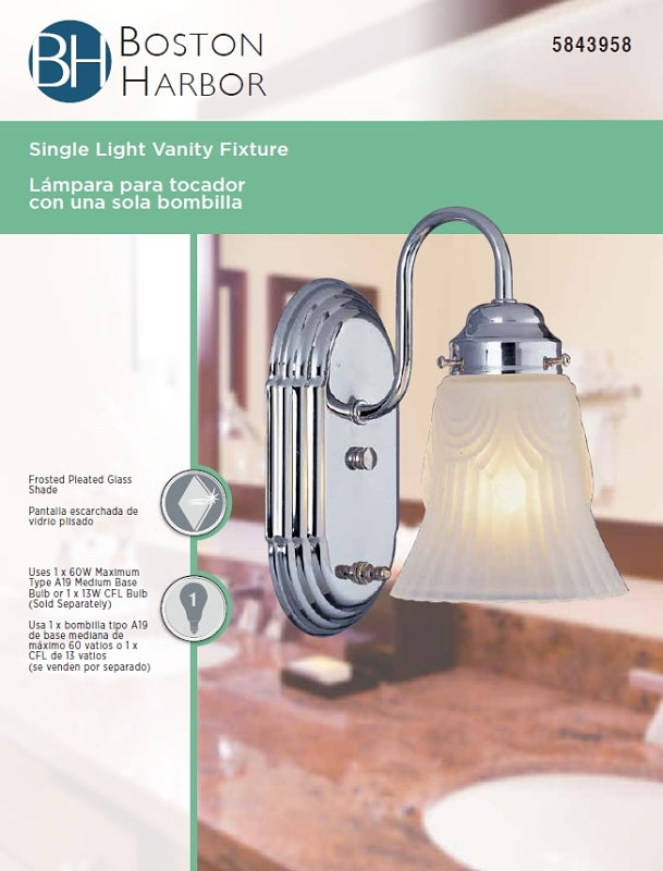 Boston Harbor RF-V-026-CH Vanity Light Fixture, 60 W, 1-Lamp, A19 or CFL Lamp, Steel Fixture, Chrome Fixture