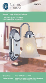 Boston Harbor RF-V-026-CH Vanity Light Fixture, 60 W, 1-Lamp, A19 or CFL Lamp, Steel Fixture, Chrome Fixture