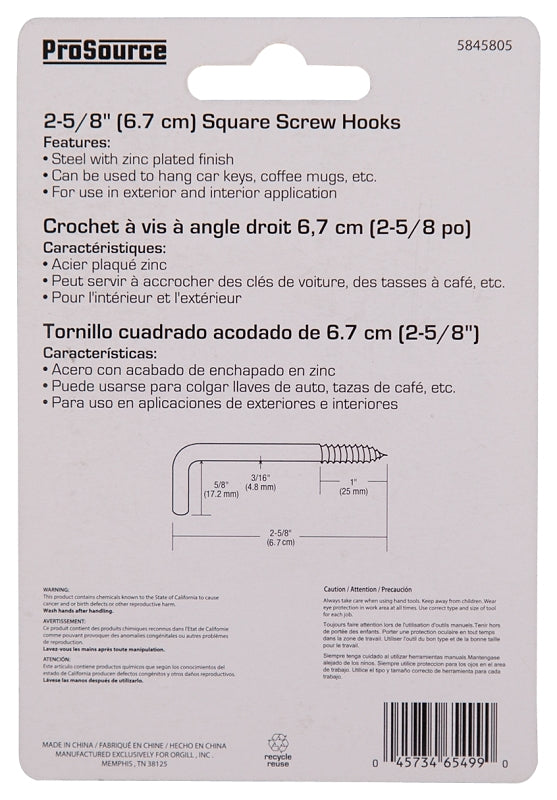 ProSource LR-396-PS Screw Hook, 5/8 in Opening, 5.3 mm Thread, 2-5/8 in L, Steel, Zinc