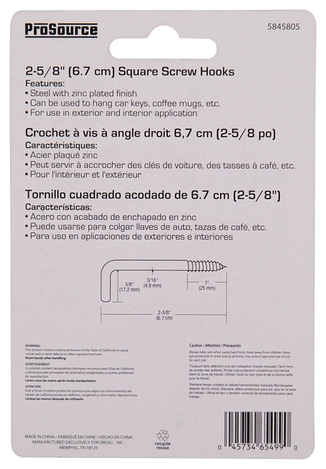 ProSource LR-396-PS Screw Hook, 5/8 in Opening, 5.3 mm Thread, 2-5/8 in L, Steel, Zinc