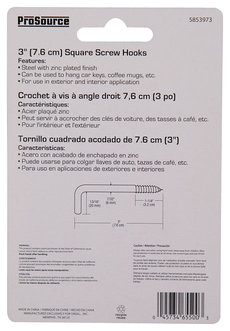 ProSource LR-395-PS Screw Hook, 13/16 in Opening, 6.5 mm Thread, 3 in L, Steel, Zinc
