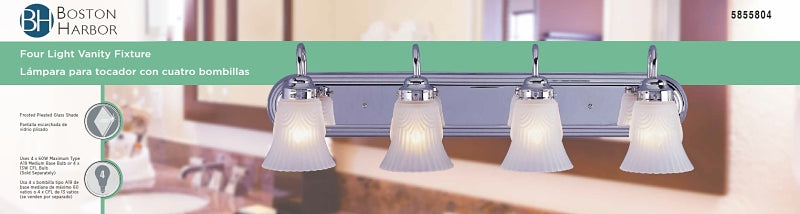 Boston Harbor RF-V-027-CH-3L Vanity Light Fixture, 60 W, 4-Lamp, A19 or CFL Lamp, Steel Fixture, Chrome Fixture