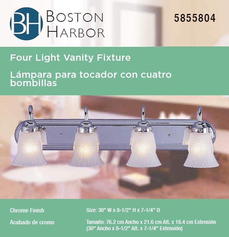 Boston Harbor RF-V-027-CH-3L Vanity Light Fixture, 60 W, 4-Lamp, A19 or CFL Lamp, Steel Fixture, Chrome Fixture