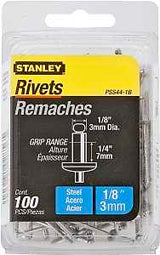 STANLEY PSS44-1B Pop Rivet, High-Strength, Reusable, 1/4 in Grip, 1/8, Galvanized Steel, 100/PK
