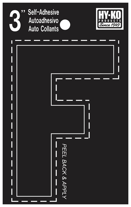 Hy-Ko 30400 Series 30416 Die-Cut Letter, Character: F, 3 in H Character, Black Character, Vinyl, Pack of 10