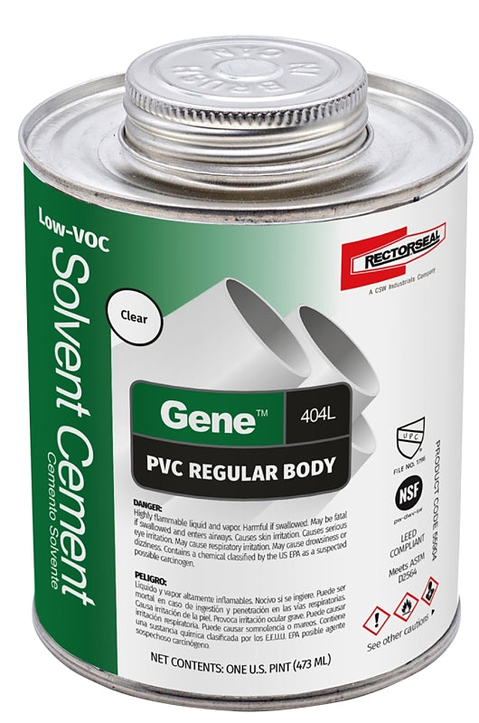 Rectorseal Gene 404L 55904 Regular Body Solvent Cement, 1 pt Can, Liquid, Clear, Pack of 12