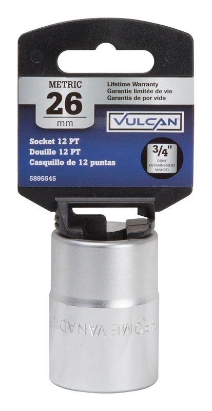 Vulcan MT-SM6026 Drive Socket, 26 mm Socket, 3/4 in Drive, 12-Point, Chrome Vanadium Steel, Chrome