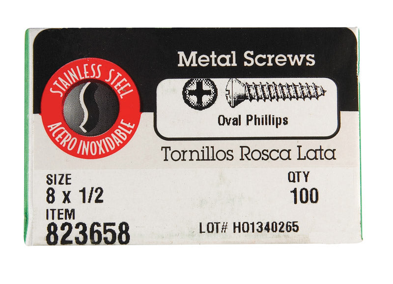 HILLMAN No. 8 X 1/2 in. L Phillips Oval Head Sheet Metal Screws 100 pk