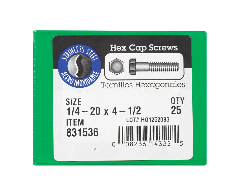 HILLMAN 1/4-20 in. D X 4-1/2 in. L Stainless Steel Hex Head Cap Screw 25 pk